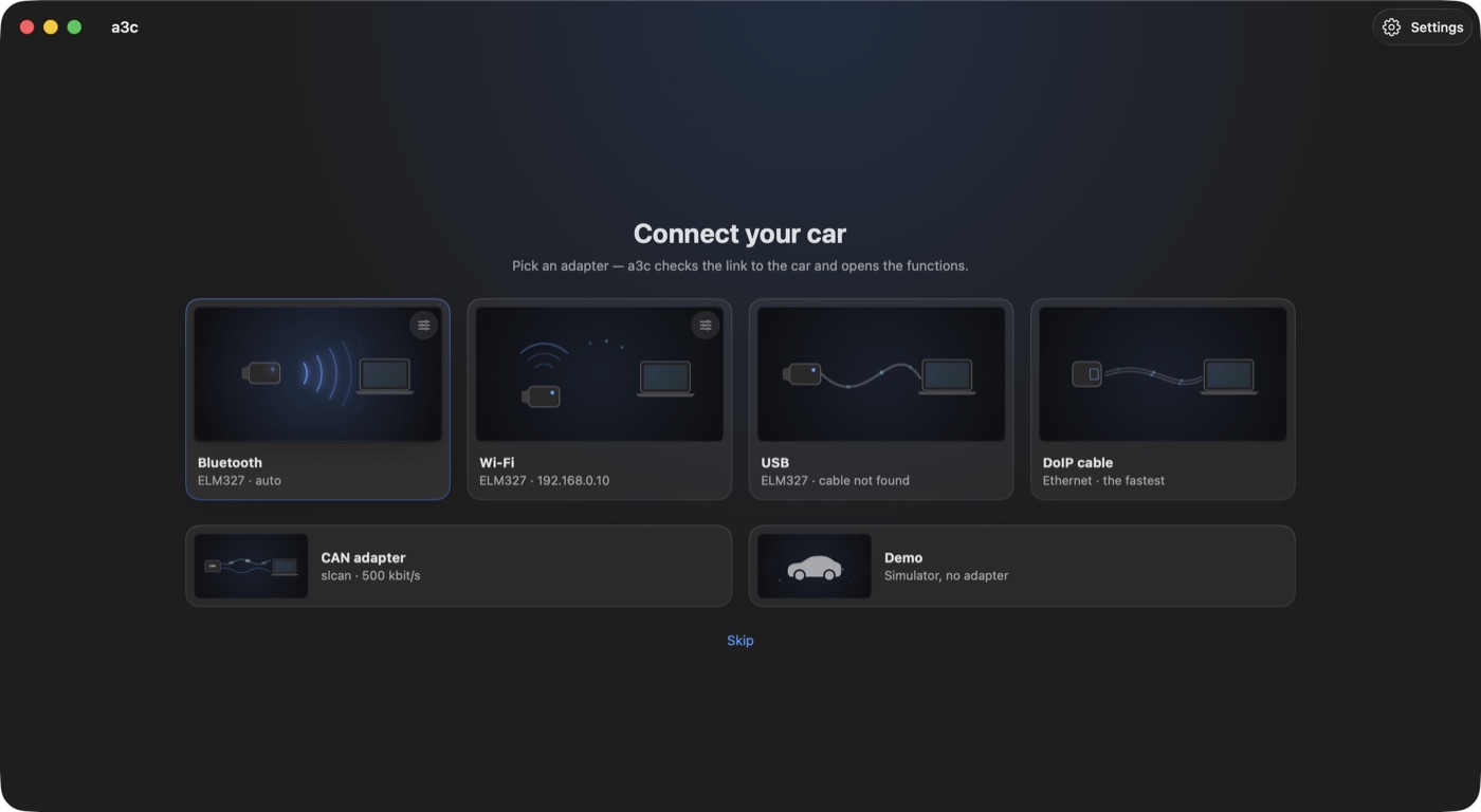 a3c connection screen: Bluetooth, Wi‑Fi, USB or DoIP cable